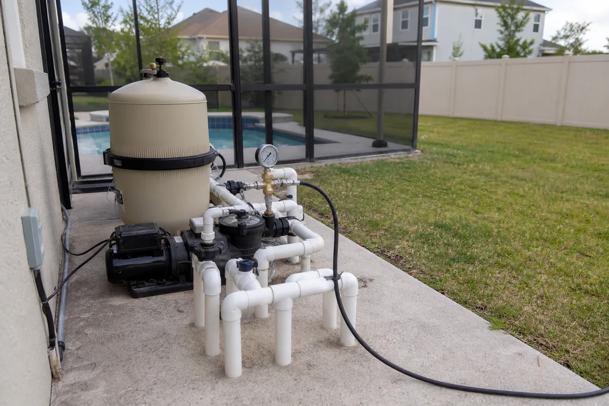 Pressure-test gauge connected to the plumbing manifold on an Orlando pool equipment pad during a leak test