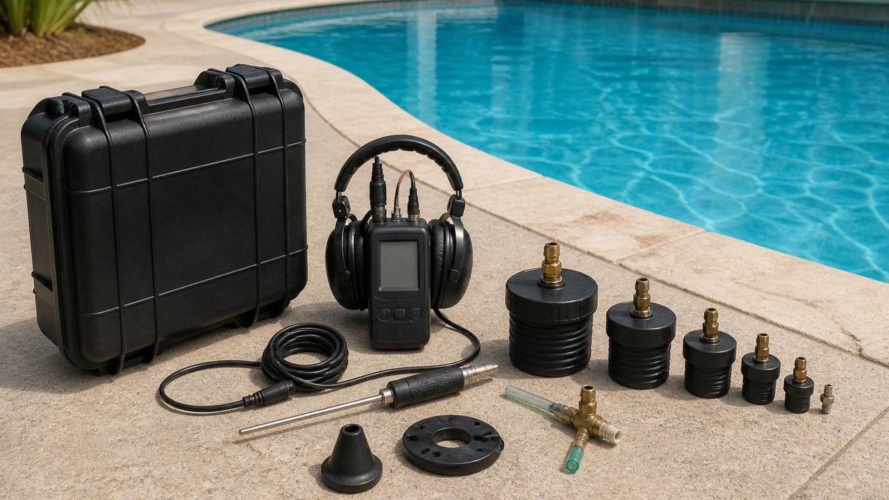 Pool leak detection tools on a residential pool deck